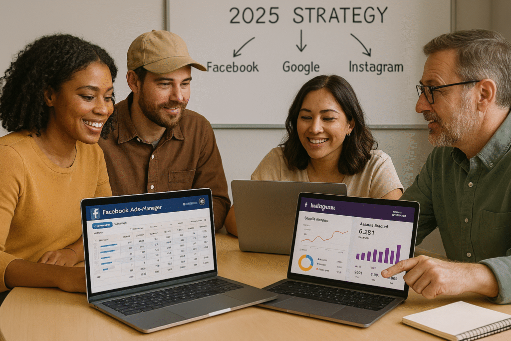 Small business team planning a 2025 cross-platform ad strategy using Facebook, Google, and Instagram analytics tools