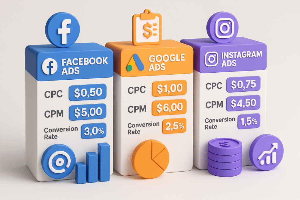 Comparison infographic of Facebook Ads vs. Google Ads vs. Instagram Ads for 2025, highlighting costs, targeting, and conversion rates for small businesses