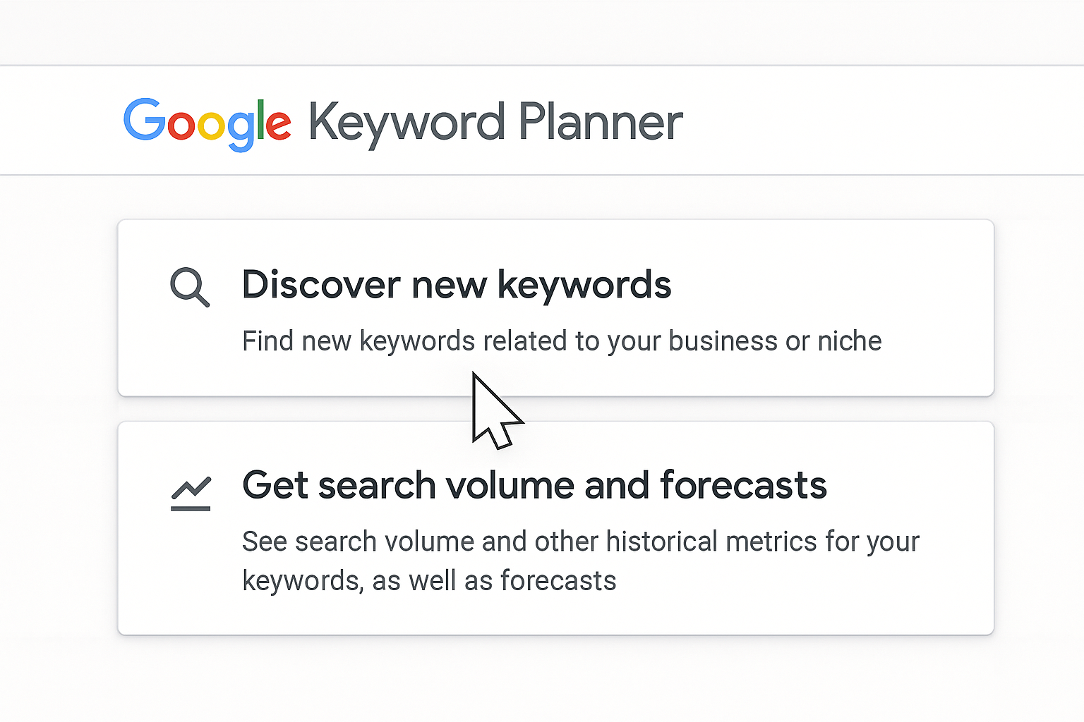 Google Keyword Planner interface with 'Discover new keywords' option selected for SEO research