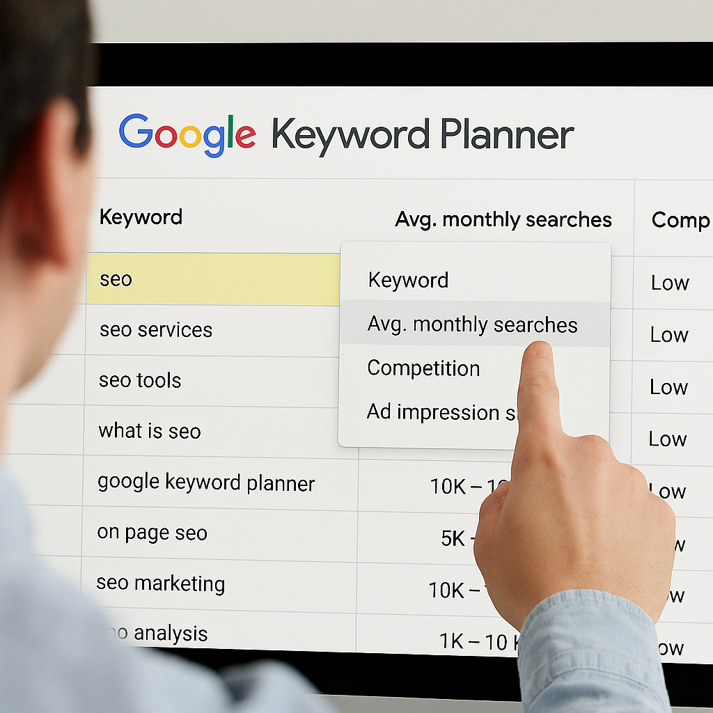 Filtering keywords in Google Keyword Planner by search volume and competition for SEO optimization
