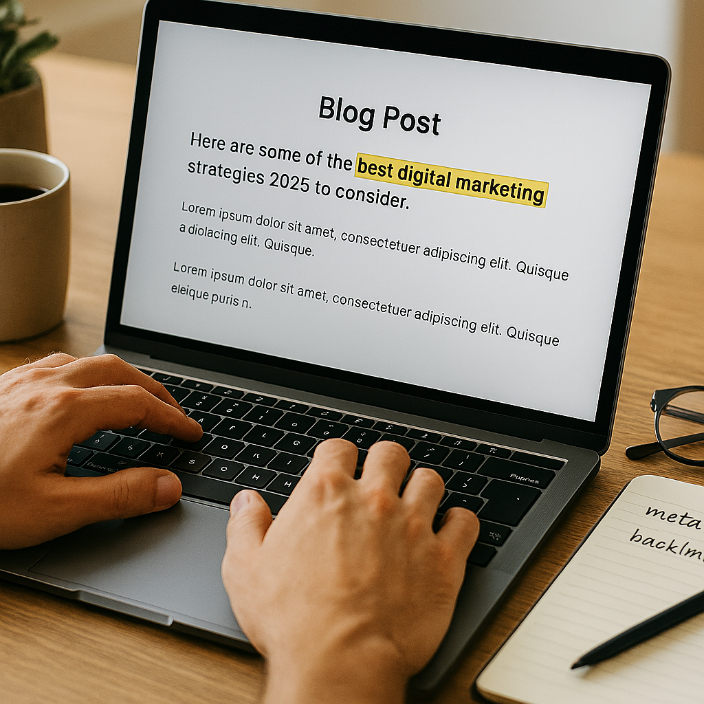 Digital marketer writing a blog post titled 'Best Digital Marketing Strategies for 2025' with SEO-focused content