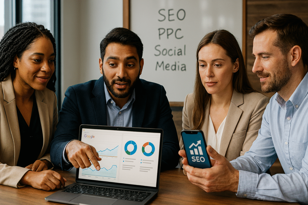 Venn diagram of digital marketing channels: SEO, PPC, social media, and Google integration