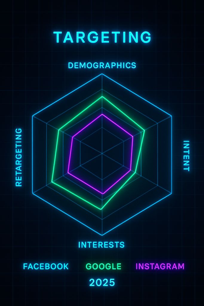 Radar chart comparing ad targeting options: Facebook’s interest-based, Google’s intent-driven, and Instagram’s visual-focused strategies