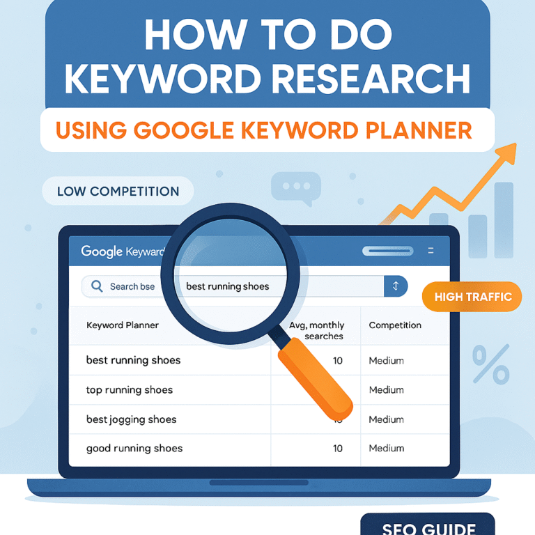 Google Keyword Planner interface showing keyword research for 'best running shoes' with SEO icons, traffic graph, and magnifying glass highlighting search data